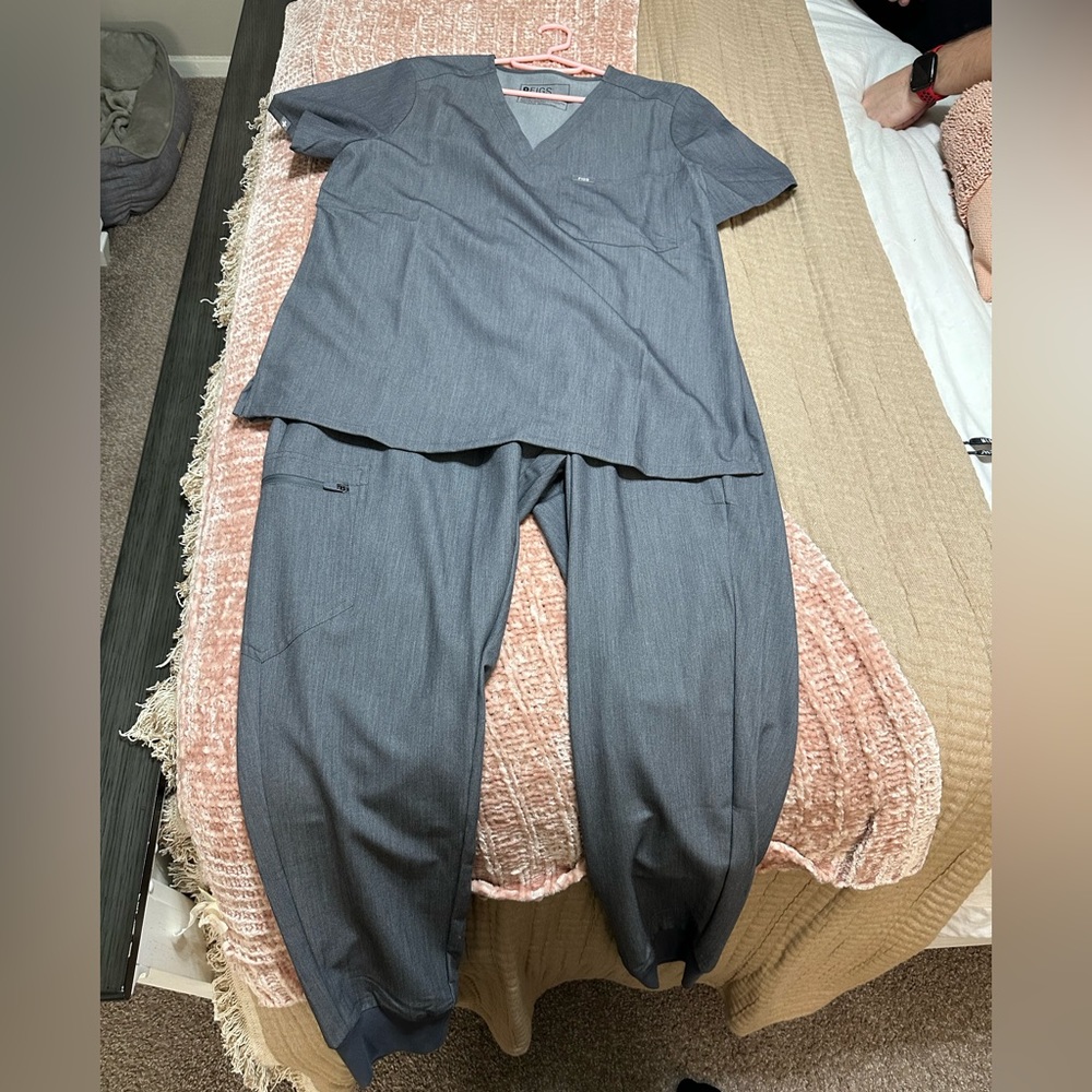 FIGS gray scrubs size medium top, large joggers